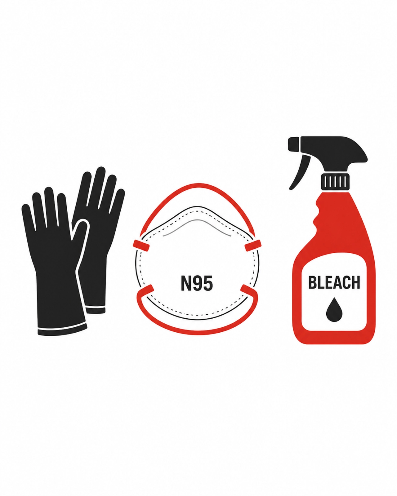 Minimalist icons for safe cleanup: gloves, N95 mask, and bleach spray