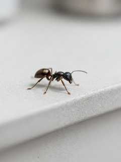 Single scout ant crawling across a clean white surface
