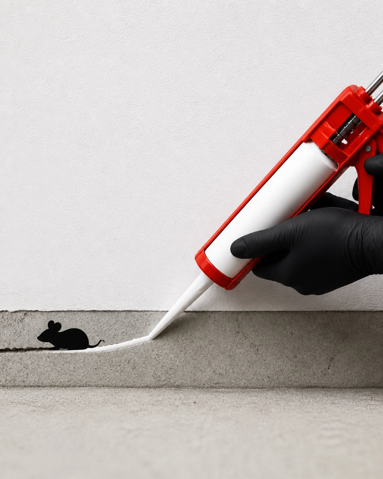 A hand sealing a foundation crack with a caulk gun