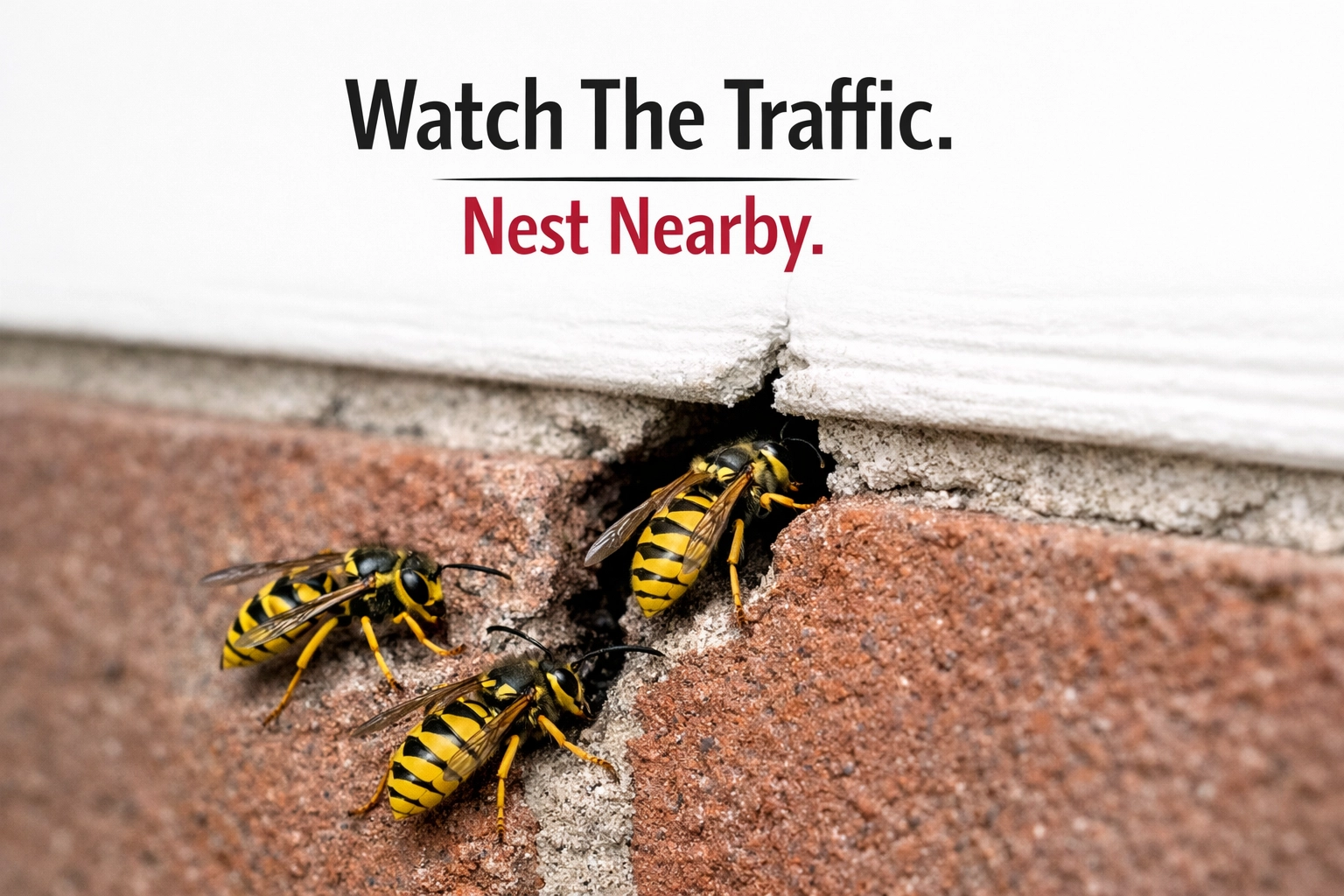 Yellow jackets entering a brick wall crack, showing a common nest entry sign for Denver exterminators.